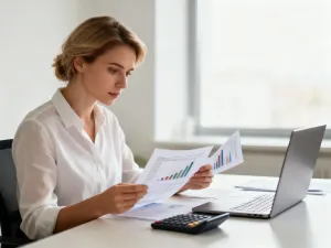 Kobieta korzystająca z urządzeń mobilnych w nowoczesnym biurze, symbolizująca wygodne zarządzanie bankowością online.