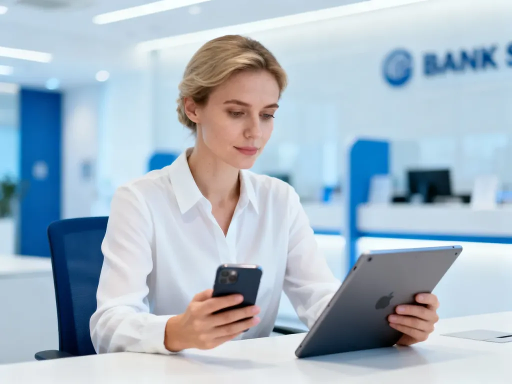 Kobieta korzystająca z urządzeń mobilnych w nowoczesnym biurze, symbolizująca wygodne zarządzanie bankowością online.